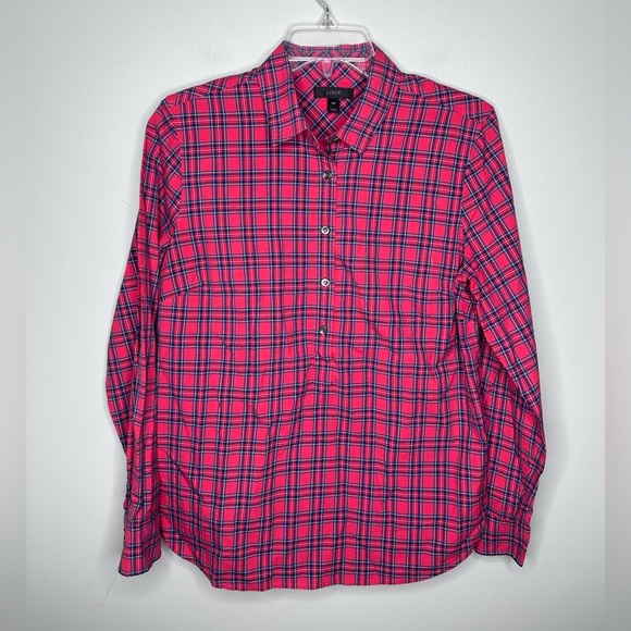 J. Crew Tops - J Crew Red Plaid Design Long Sleeve 1/2 Button Down Shirt Wmns Sz 12 Petite!